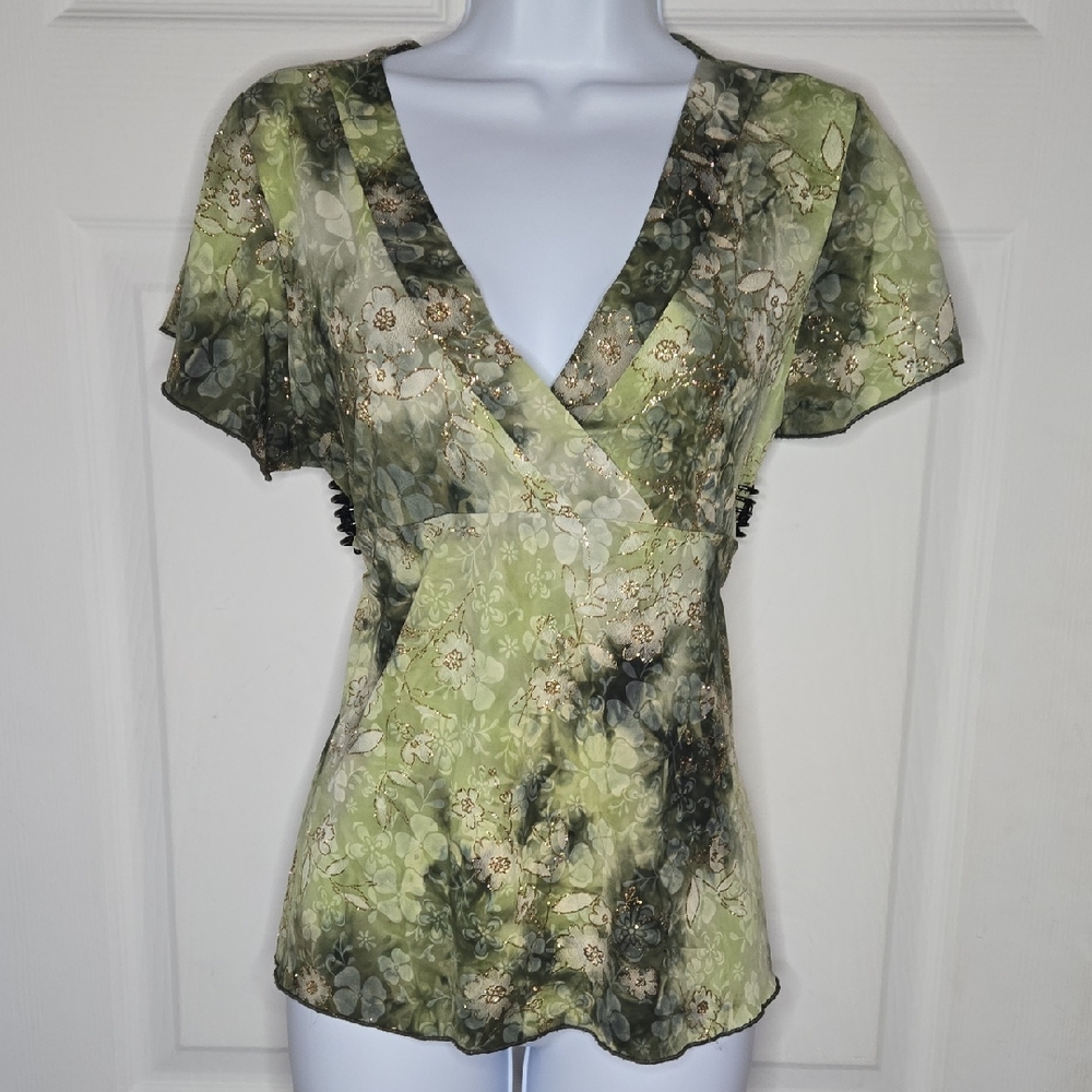 Floral Green V-Neck Blouse
